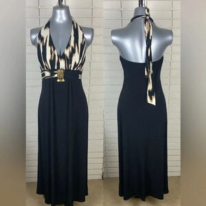 Animal  print halter tie neck summer beach black V-neck maxi dress sz medium